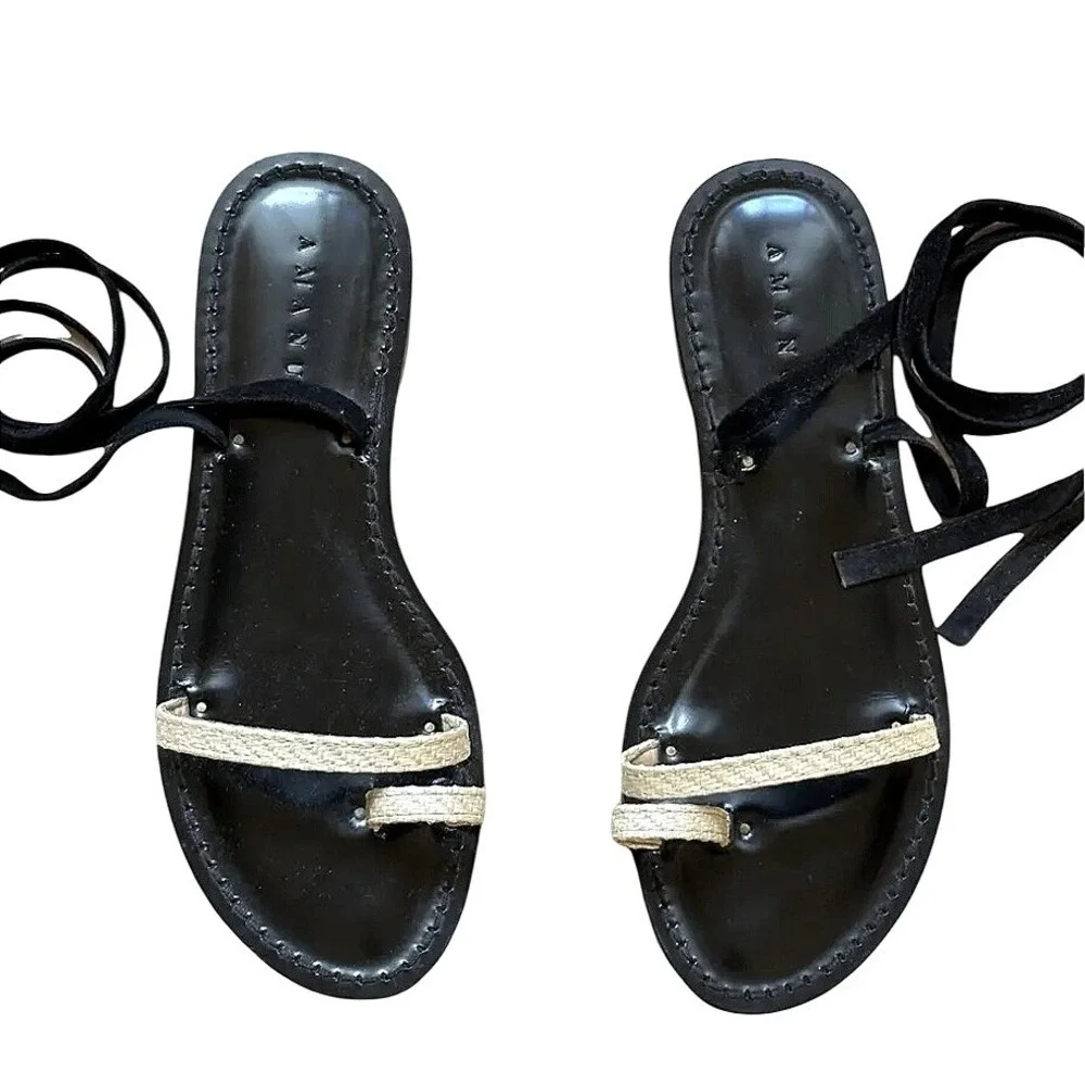 Amanu Black & White Leather Raffia Lace Up Ankle Tie Sandals Made in Italy Sz 8